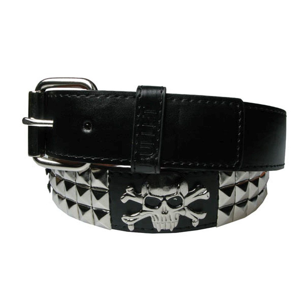 Bullet 69 Funky Punk - 3 Row Silver Pyramid & Skull/Crossbones 38 mm Riem - Zwart/Zilverkleurig